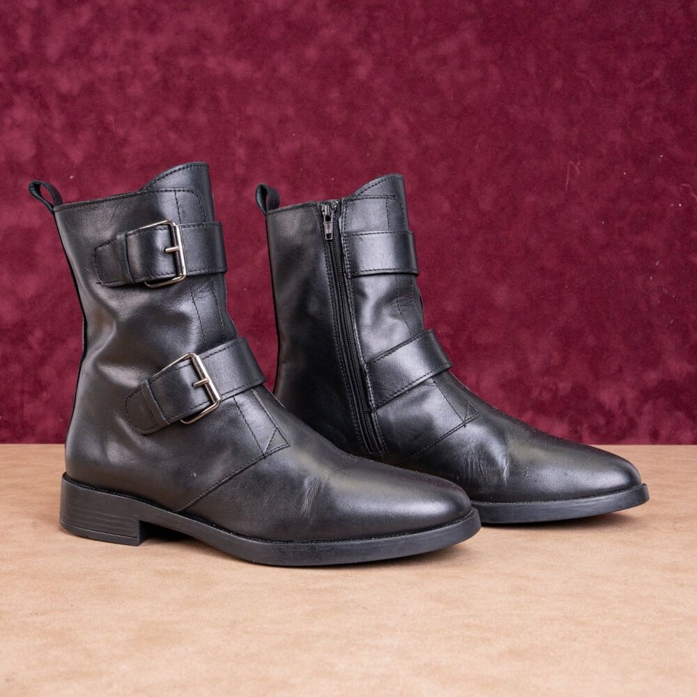 Emanuele Crasto Wmn Black Italian Leather Strap Buckle Zip Ankle Boots 9US EUR39
